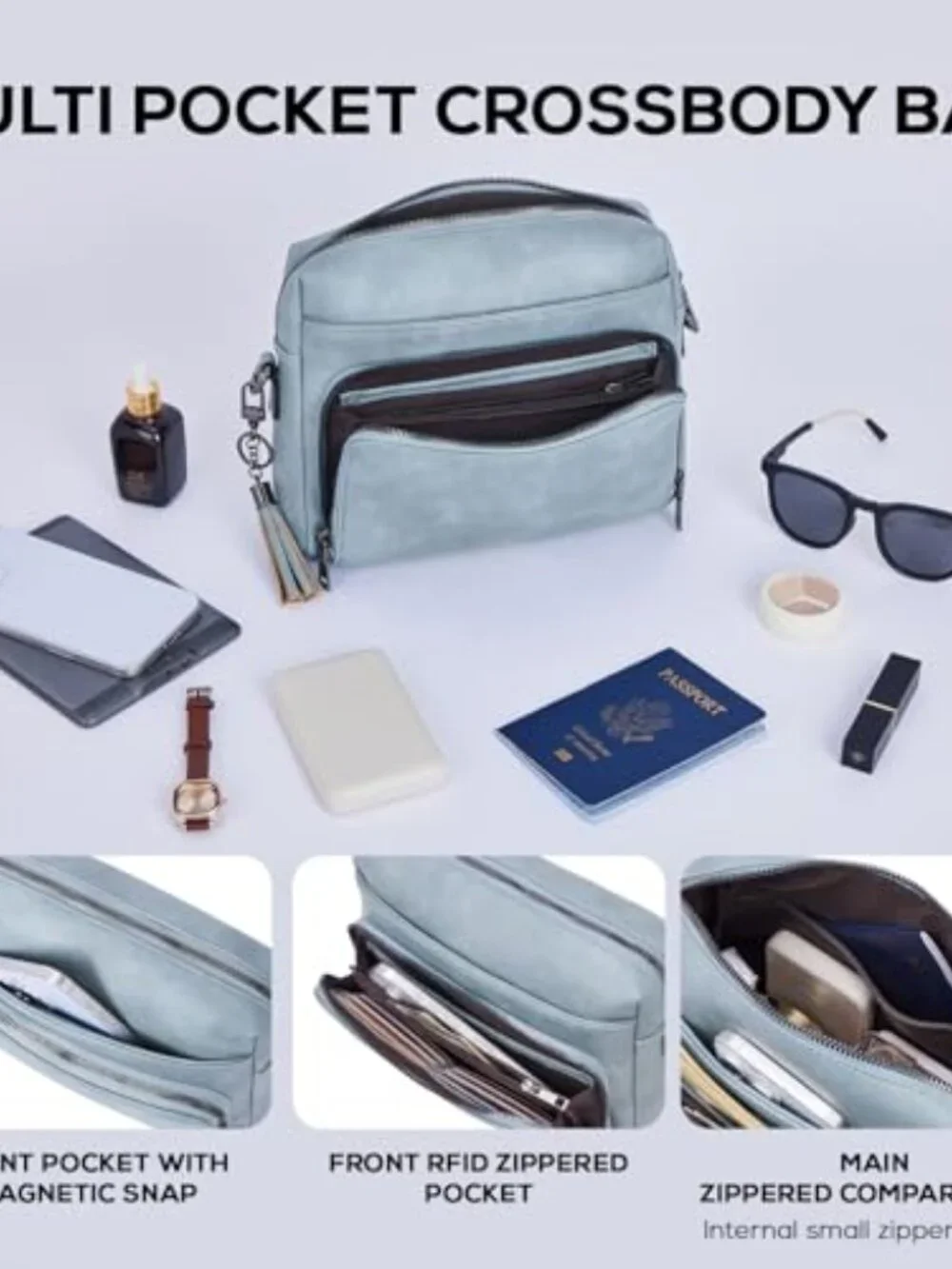 Vegan Leather Crossbody Bag with RFID Wallet, Medium Multi-Pocket Purse